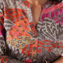 JISORA Floral Print Mandarin Collar Roll-Up Sleeves Cotton Top image 2