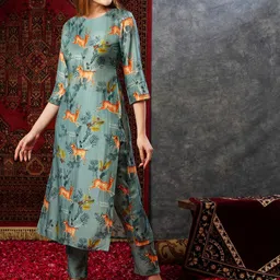 KALINI Printed Regular Straight Kurta with Trousers image 4