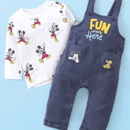 Babyhug 100% Cotton Knit Mickey Mouse Printed Dungaree with Full Sleeves Inner Tee - White & Blue-image-21