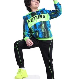 Ollington St. 100% Cotton Knit Full Sleeves Hooded Sweatshirt & Joggers Set All Over Printed - Neon Green & Black-image-45