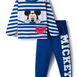 Babyhug Disney Single Jersey Knit Full Sleeves Night Suit With Mickey Mouse Graphics - Navy Blue image 1