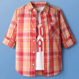 Pine Kids Cotton Woven Full Sleeves Checked Shirt with Inner Tee - Dark Orange & White-picture-14