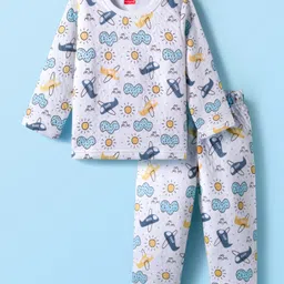 Babyhug Knit Full Sleeves Winter Wear Co-ords Night Suit With Vehicle Print - White-picture-13