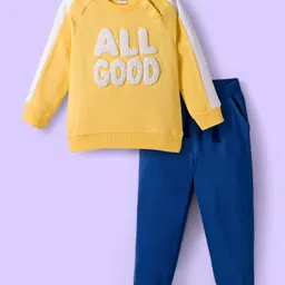 Babyhug Terry Knit Full Sleeves T-Shirt & Jogger Set with All Good Text Print - Yellow & Blue-picture-10