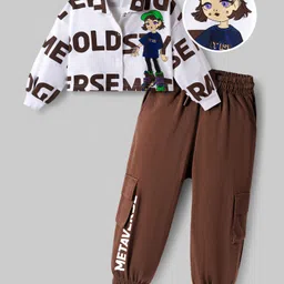 OLLINGTON ST. Cotton Knit Full Sleeves Front Open Winter Wear Sweatshirts & Knit Joggers Sets with Text Print - White & Brown image 2