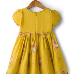 Babyhug Chanderi Woven Half Sleeves Ethnic Dress With Floral Embroidery - Yellow image 2