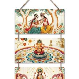 ArtVibes Blue & White Ganesh & Sarswathi Printed Wooden Wall Hanging image 4