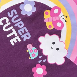 Babyhug Cotton Knit Three Fourth Sleeves Baby Gown With Rainbow & Butterfly Print - Purple image 3