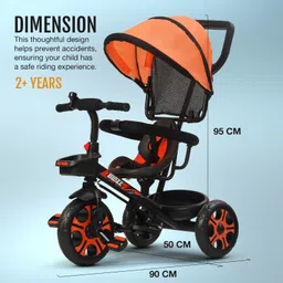 Baybee Blaze 4-in-1 Baby Tricycle for Kids with Smart Parental Push Handle, Safety Guardrail & Canopy | Kids Tricycle with 3 EVA Wheels, Bell & Basket, Trike Baby Cycle - Orange image 3