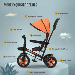 Baybee Blaze 4-in-1 Baby Tricycle for Kids with Smart Parental Push Handle, Safety Guardrail & Canopy | Kids Tricycle with 3 EVA Wheels, Bell & Basket, Trike Baby Cycle - Orange image 4