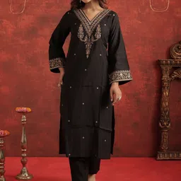Indo Era Women Ethnic Motifs Embroidered Regular Thread Work Liva Kurta with Trousers-image-47