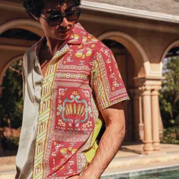 PRIMAL GRAY Men Relaxed Fit Ethnic Motifs Printed Spread Collar Satin Casual Shirt image 2