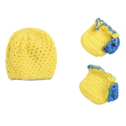 CHUTPUT Unisex Kids Yellow & Blue Embroidered Beanie Cap & Socks image 2