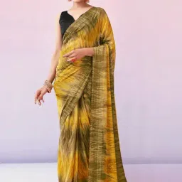 Satrani Yellow Printed Saree With Unstitched Blouse-image-4