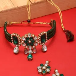 Zaveri Pearls Multistrand Green Beads & Stones Traditional Choker Necklace & Earring Set-ZPFK9966 image 2