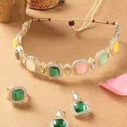 Zaveri Pearls Multi-Colour Kundan & Austrian Diamond Choker Necklace Earring & Ring Set-ZPFK16770 image 2