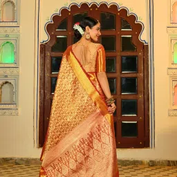 JUST FASHION Orange Silk Zari Work Saree With Unstitched Blouse image 2