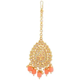 Zaveri Pearls Peach Beads & Dazzling Kundan Necklace, Earring, Maangtikka & Ring Set-ZPFK11591 image 2