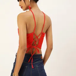 Veni Vidi Vici Women Red Self-designed Styled Lace up Back Crop Top image 4