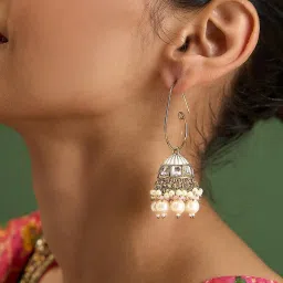 Fida White Kundan with White Pearl Hoop Jhumki Earrings image 2