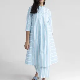 Pink Fort Blue Cotton Striped A Line Kurta-picture-28