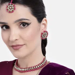 Peora Gold Plated Kundan Choker Necklace Round Stud Earring & Maang Tikka Set image 2