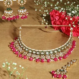 Zaveri Pearls Green Meenakari Rani Pink Bead Kundan Choker Necklace Earring Maangtikka Set-ZPFK17188 image 2