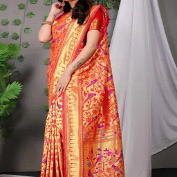 SHUBHKALA Golden & Red Silk Woven Saree With Unstitched Blouse image 2