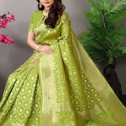 SHUBHKALA Green Silk Woven Saree With Unstitched Blouse image 2