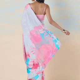 navyasa by liva Pink & Blue Floral Print Saree With Unstitched Blouse image 2