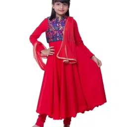 BIBA Girls Red Cotton Printed Anarkali & Churidar Set With Jacket & Dupatta image 1