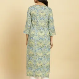 W Green Cotton Floral Print Straight Kurta image 2