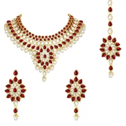 Peora Maroon Necklace with Earring & Maang Tikka Set image 2