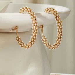 Aatmana White Pearl Beaded Classic Half Hoop Earrings image 2