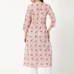 Saffron Threads White & Pink Floral Print Straight Kurta image 2