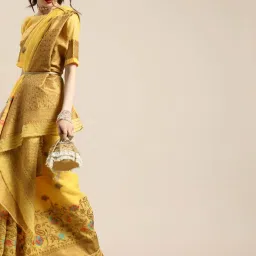 Saree Mall Yellow Floral Print Saree With Unstitched Blouse image 1