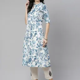 Divena White & Blue Cotton Printed Straight Kurta image 3