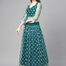 READIPRINT FASHIONS Teal Green Embroidered Unstitched Lehenga Choli Set With Dupatta image 3