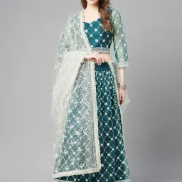 READIPRINT FASHIONS Teal Green Embroidered Unstitched Lehenga Choli Set With Dupatta image 1