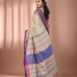 CHARUKRITI Ecru Cotton Stripes Saree With Unstitched Blouse image 2