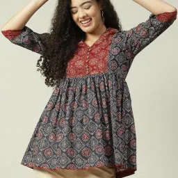 Biba Blue & Red Cotton Embellished A Line Short Kurti image 5