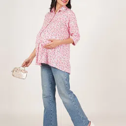 angloindu Floral Print Crepe Shirt Style Longline Top image 4