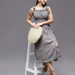 Miss Chase Grey Floral Print Shoulder Tie-Up Midi Dress image 4