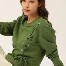 DressBerry Women Olive Green Lace-Up Sweatshirt image 1