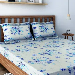 Swayam Floral White & Blue 200 TC Cotton Single Bedsheet with 2 Pillow Covers image 1