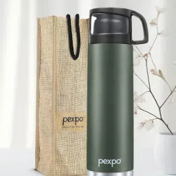 Pexpo Military Green Stainless Steel Vacuum Insulated Water Bottle with Jute Bag (1000 ml)-image-59