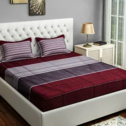 Swayam Stripes Maroon & Grey 200 TC Cotton King Bedsheet with 2 Pillow Covers image 1