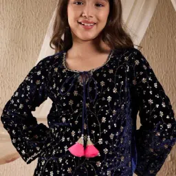 PSPeaches Kids Navy Floral Embroidered Sequinned Velvet Kurta With Trouser & Dupatta image 5