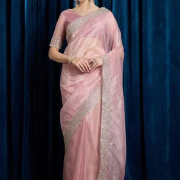 Anouk Pink Embellished Beads and Stones Net Saree With Blouse Piece image 1