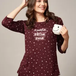 Quira Women Wine Printed Regular Fit T-shirt & Pyjama image 5